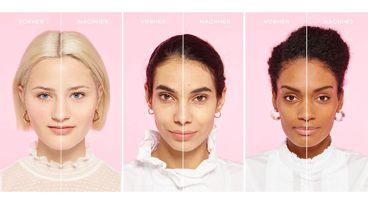 Gesichter von drei Frauen, jeweils im Vorher-Nachher-Vergleich des Skin Paradise getönten Feuchtigkeitsfluids